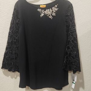 Ruby Rd. Black Top with Lace Sleeves and Embellishment